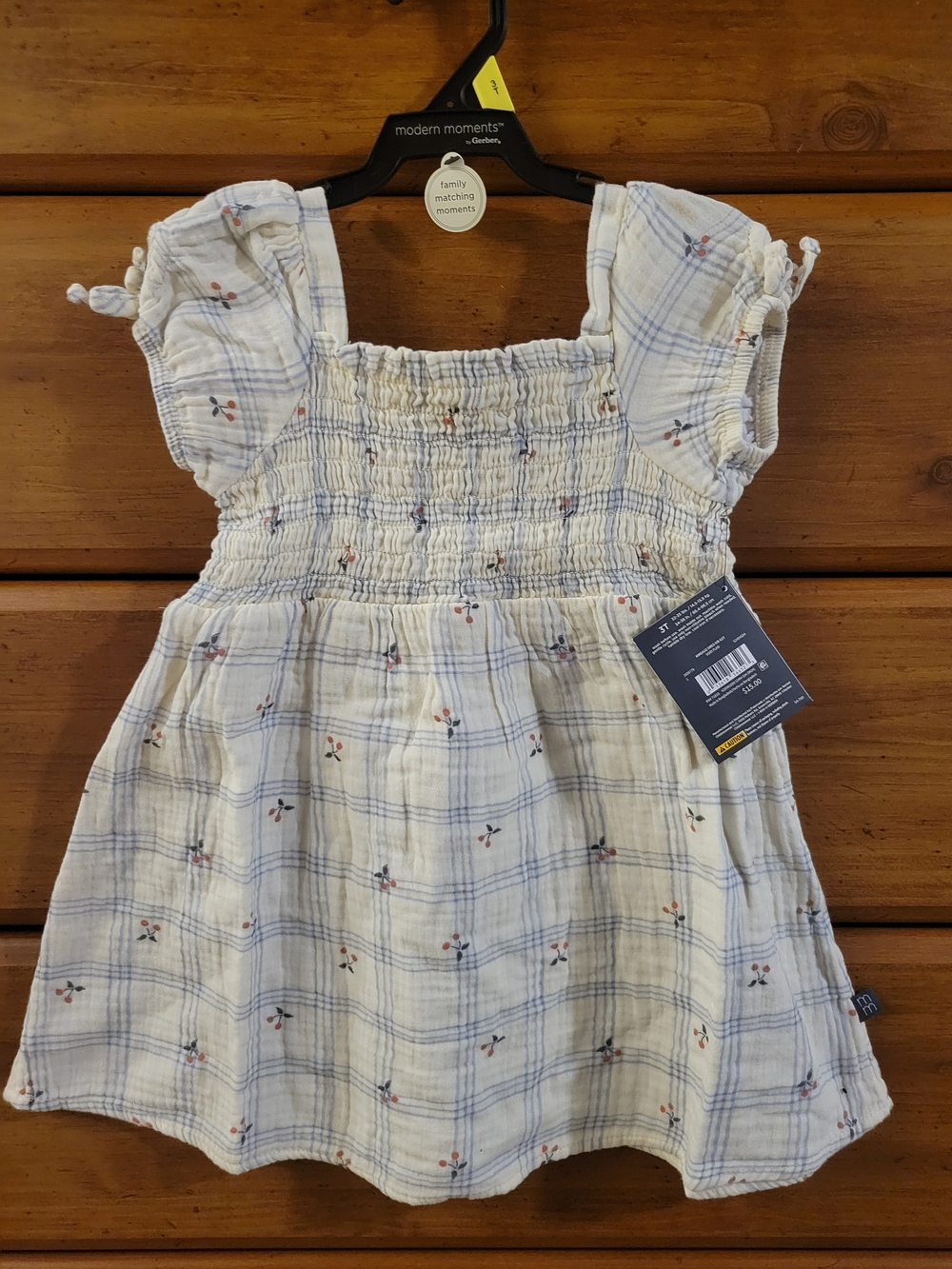 Modern Moments Girls Cream Dress with Blue Plaid and Cherry Accent
